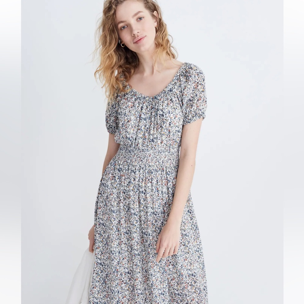 Madewell Smock-Waist Peasant Midi Dress in Blossoming Vines